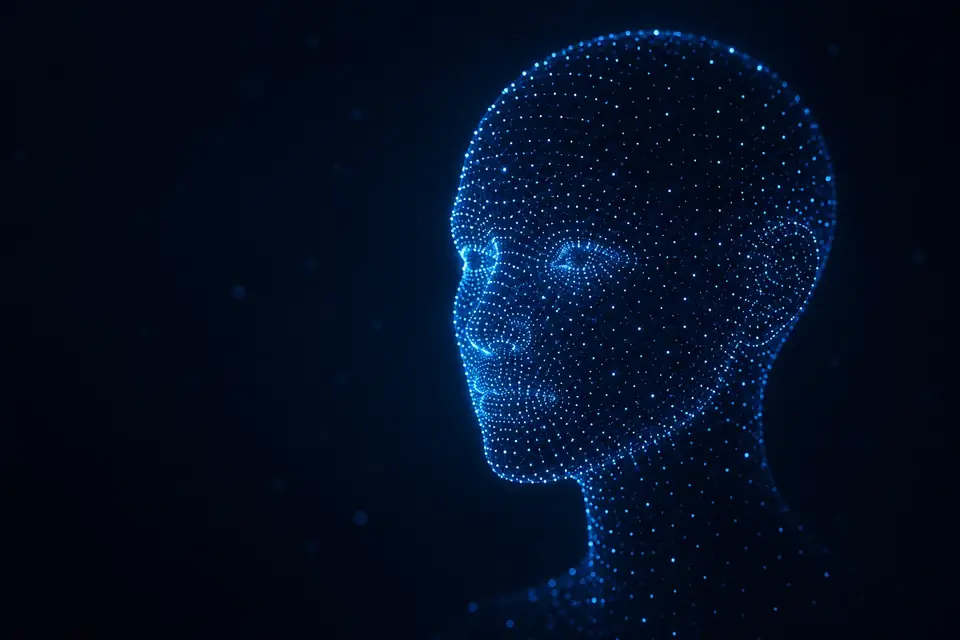 Blue particle field forming a face, used as a stand-in for AI perception