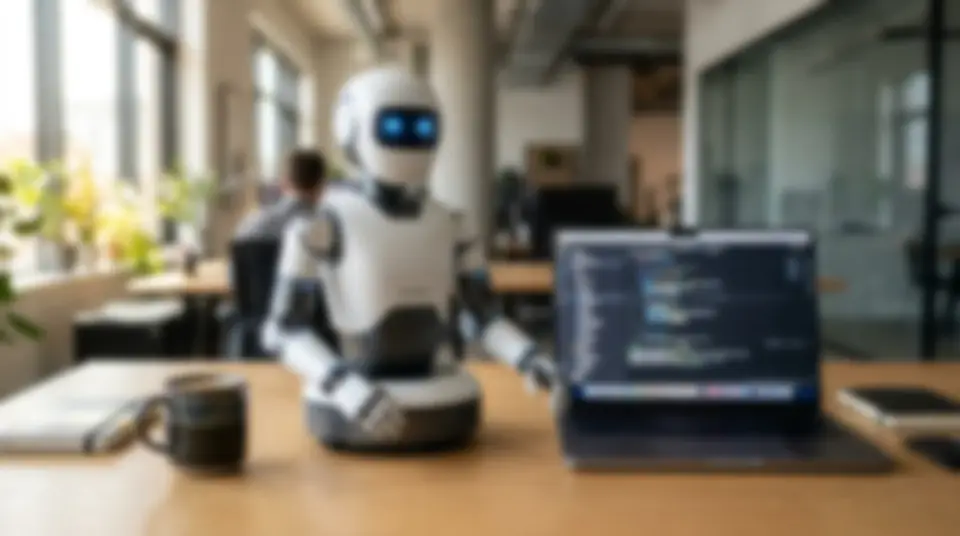 Concept render of Agazie DeskBot, a tabletop humanoid torso with a screen face, in a bright workspace